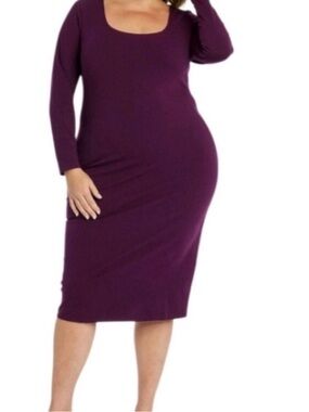 Ava & Viv 1X Plum Midi Dress Stretch Cotton Bodycon Long Sleeve Square Neck NWOT